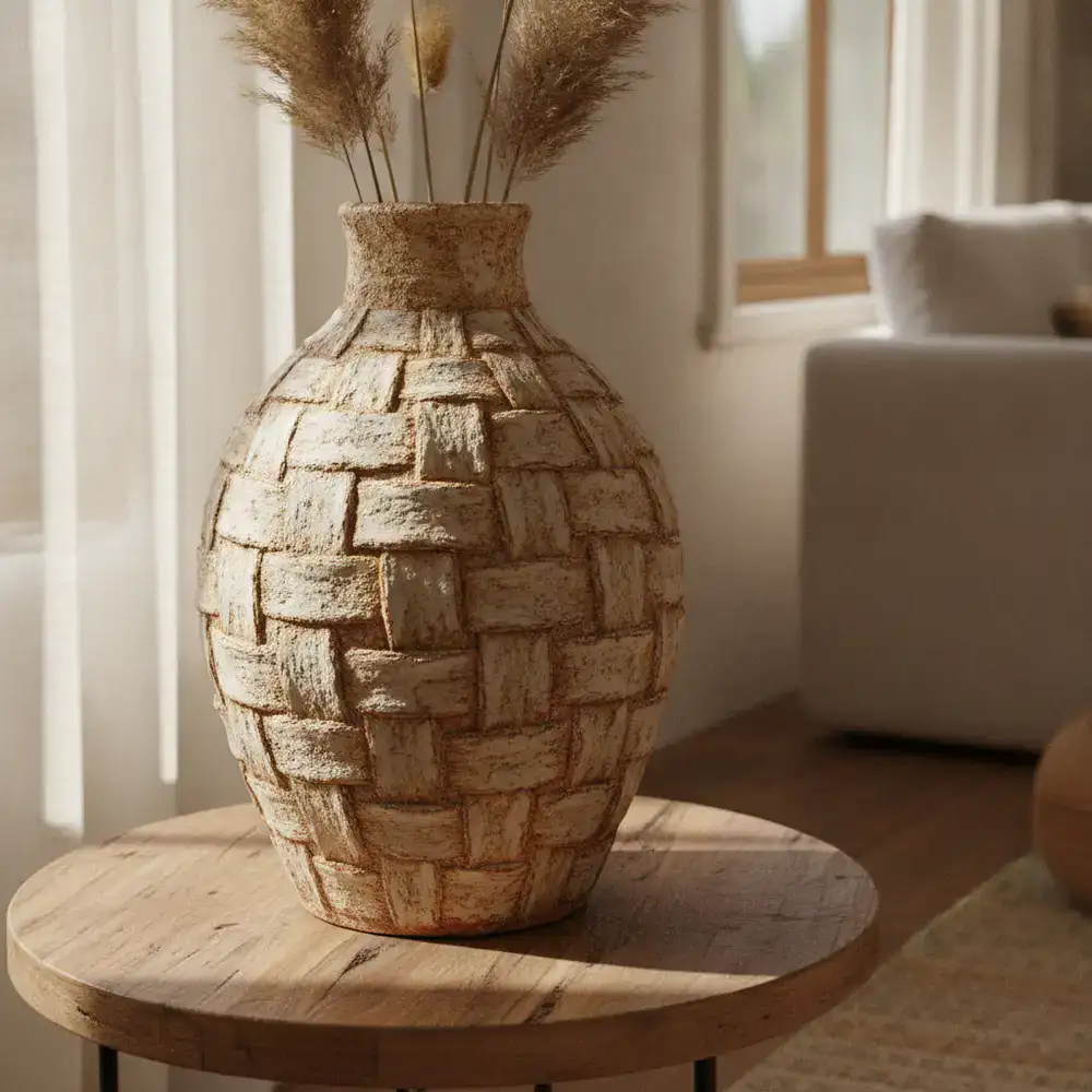 Close up of a textured ceramic vase on a side table