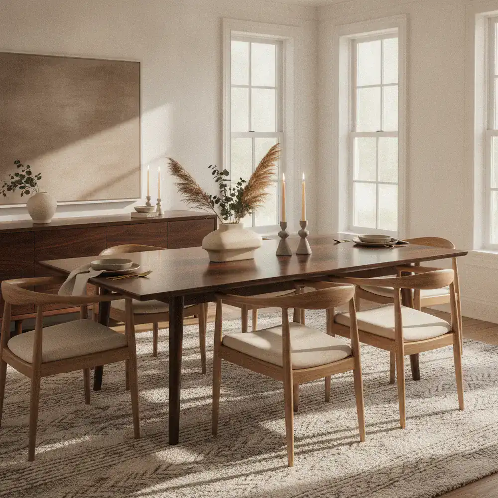 A beautifully set dark walnut dining table surrounded by minimalist chairs