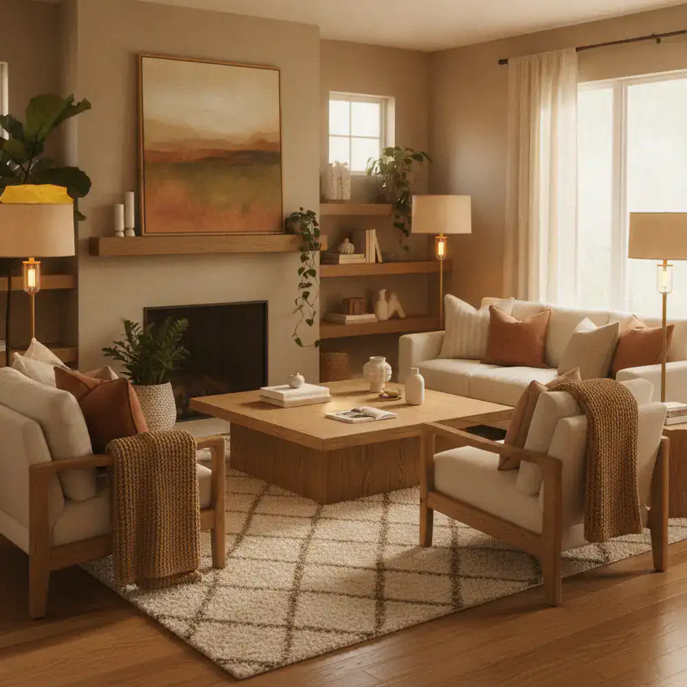 A warm, inviting living room featuring natural oak furniture and soft lighting.