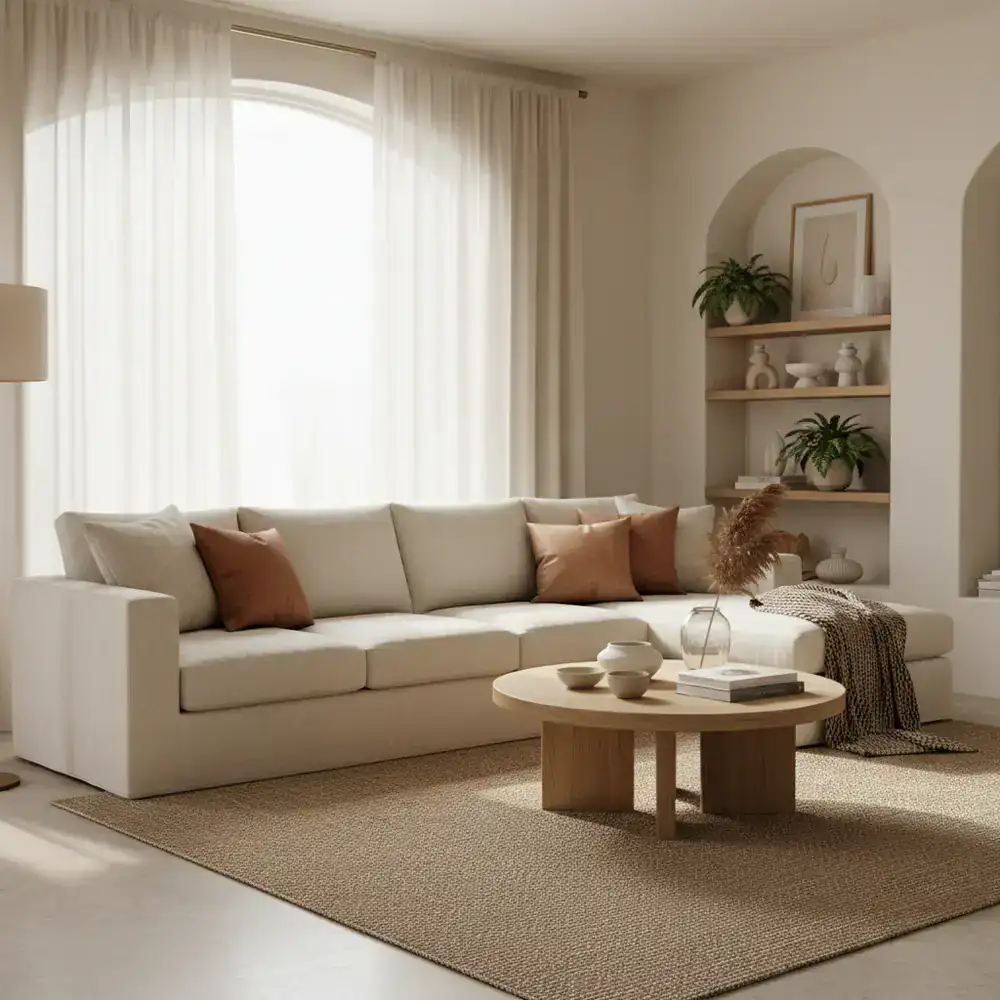 Warm and inviting living room showcasing a linen sofa and natural oak coffee table