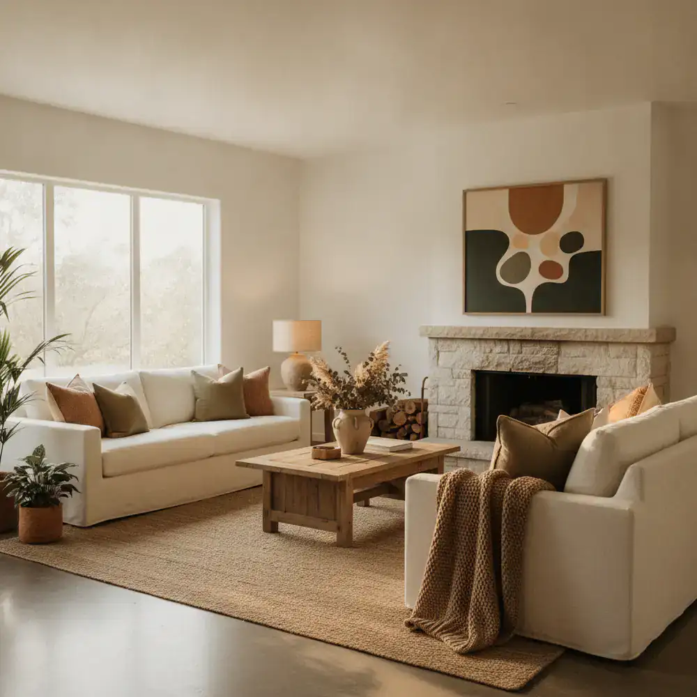 A warm and inviting living room featuring neutral sofas and earthy decor
