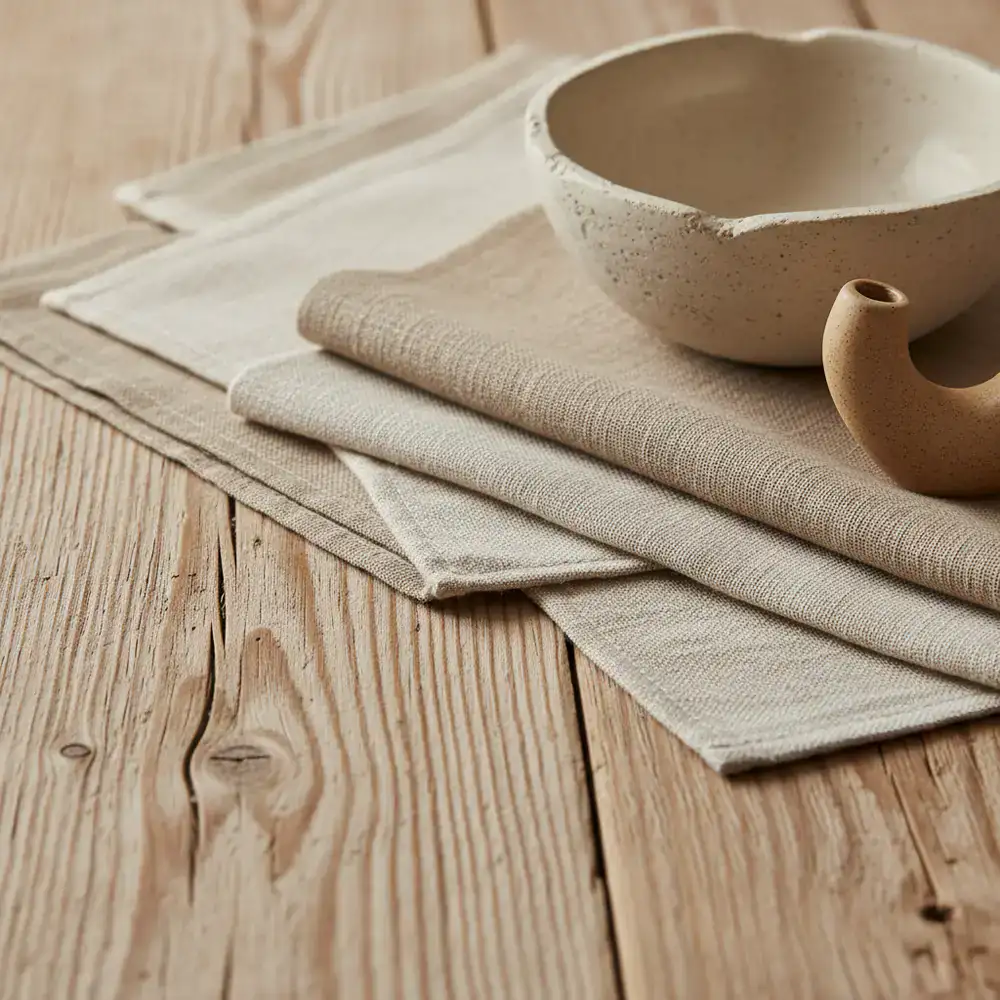 Close up of wood textures, beige linen fabric swatches, and ceramic decor.