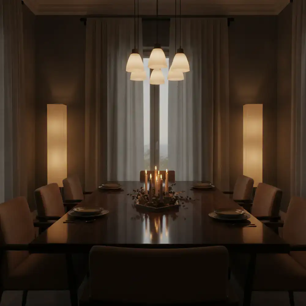 A moody dining space with dark walnut table and soft ambient lighting.