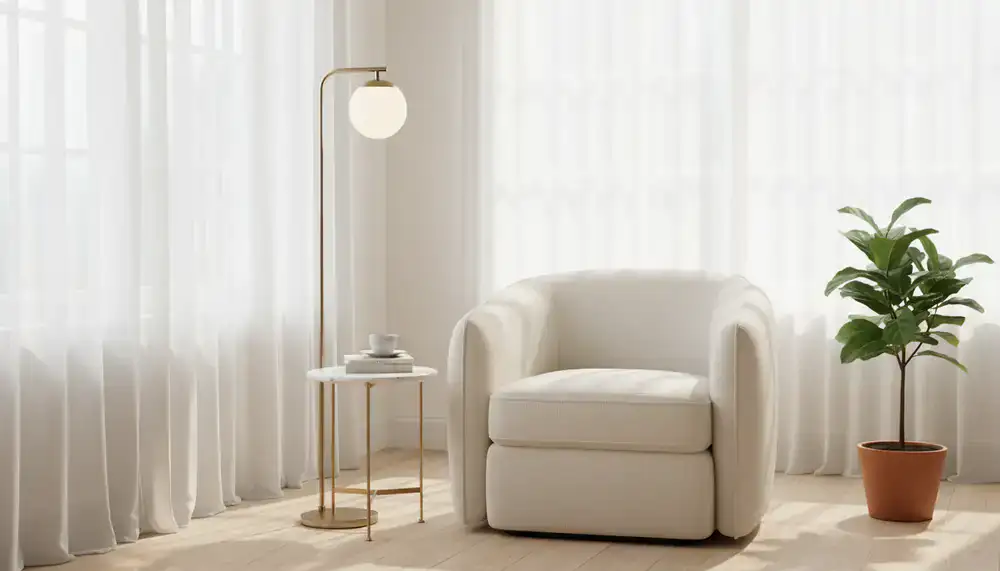 A bright corner with an ivory armchair, brushed brass lamp, and sheer curtains.