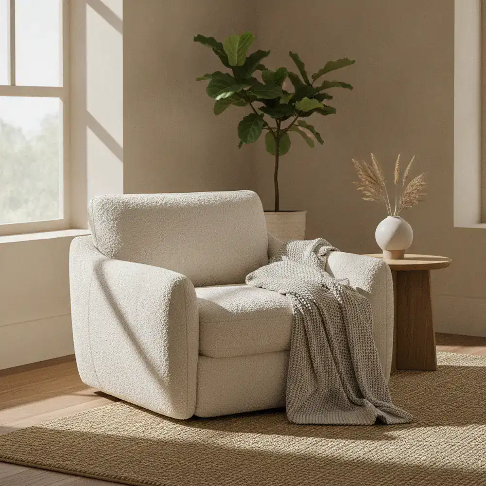Oversized bouclé armchair in a sunlit corner
