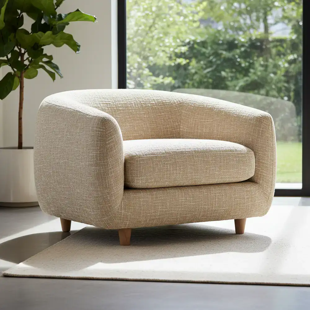 Upholstered lounge chair in natural fabric