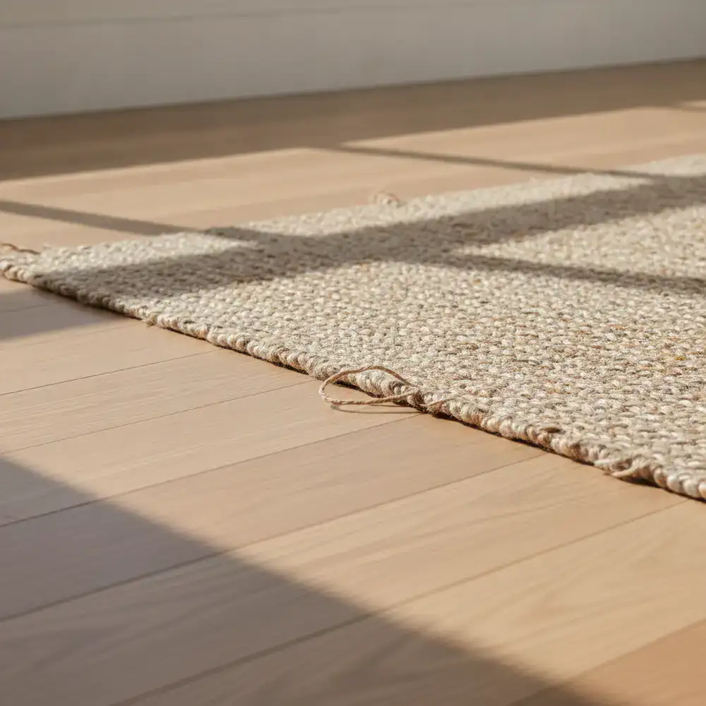 Handwoven textured jute rug on a wooden floor