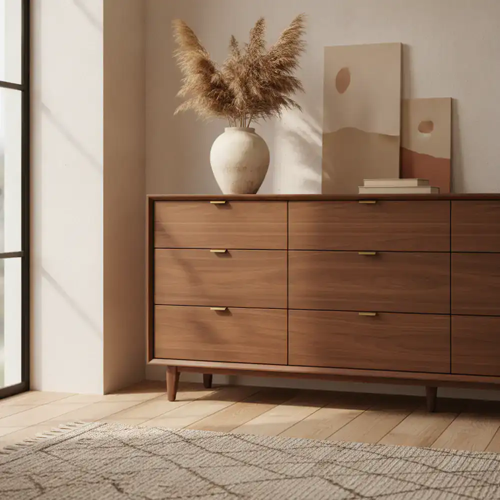 Sleek walnut sideboard with subtle brass hardware