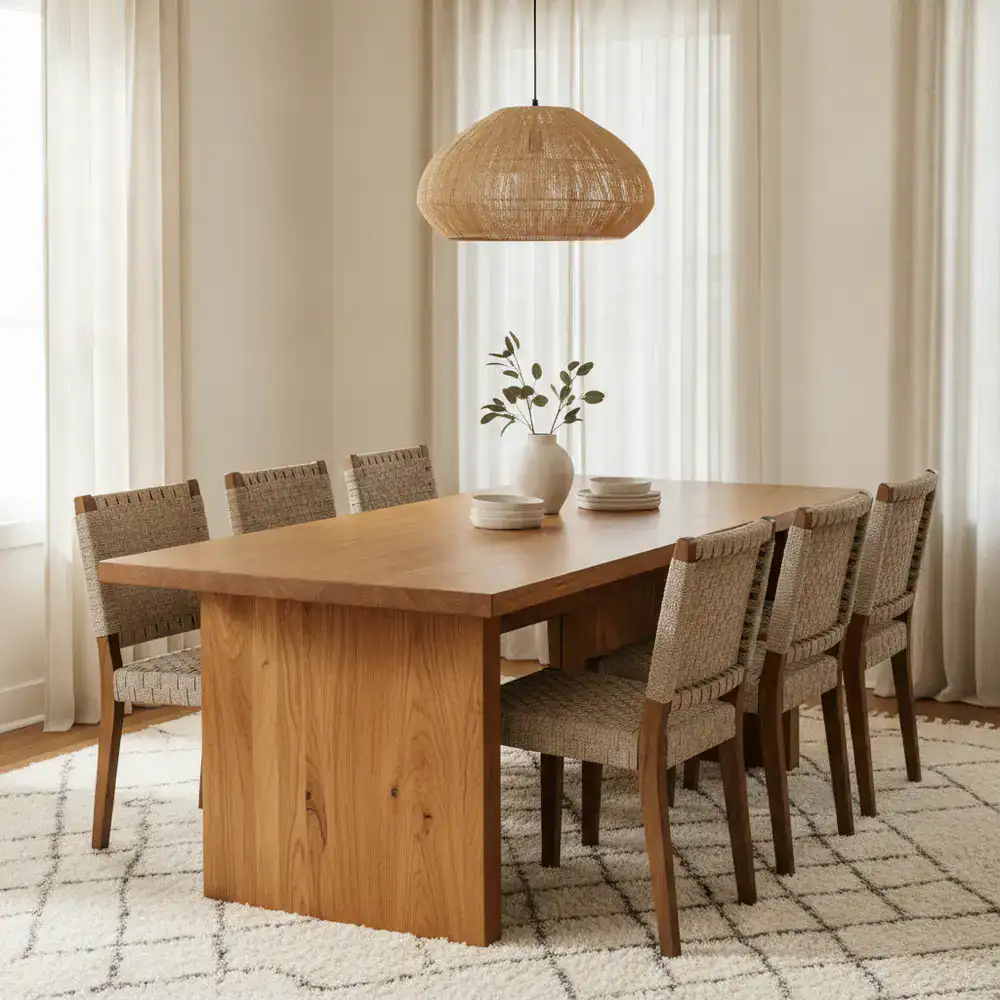 A well-lit dining area with a solid wood table and woven chairs