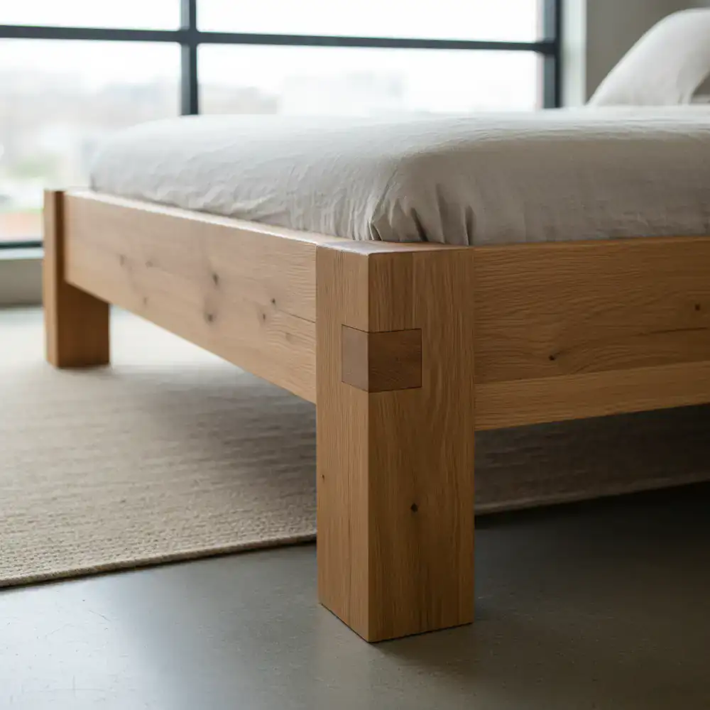 Sturdy wooden bed frame detail