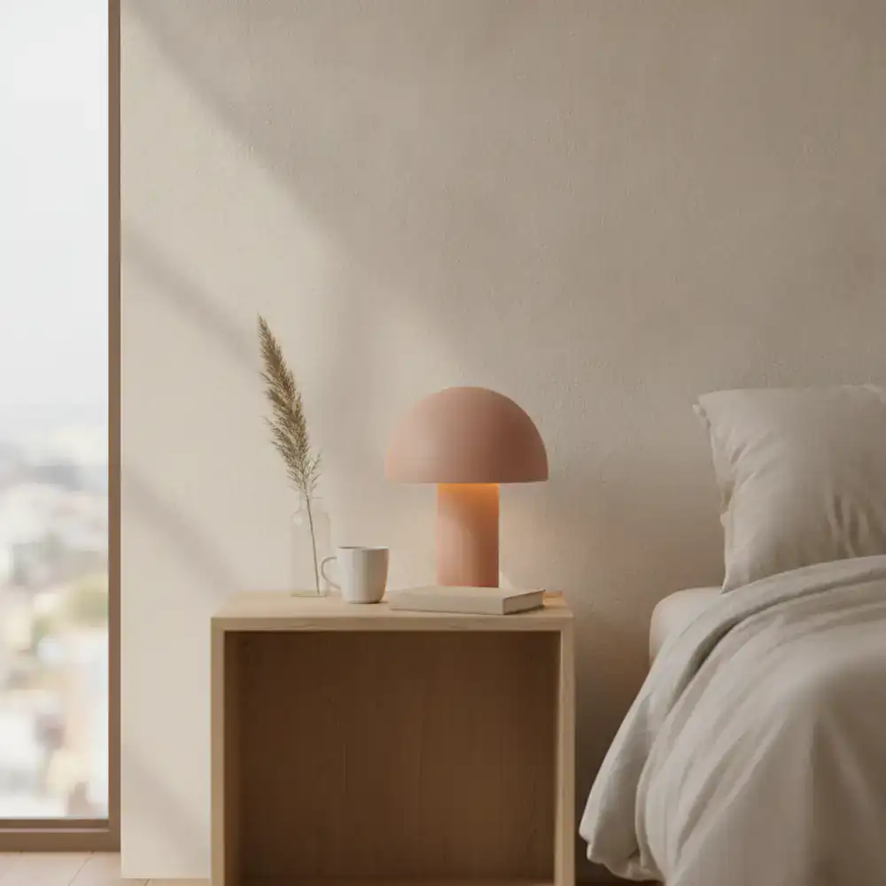 Minimalist bedside table with a small ceramic lamp