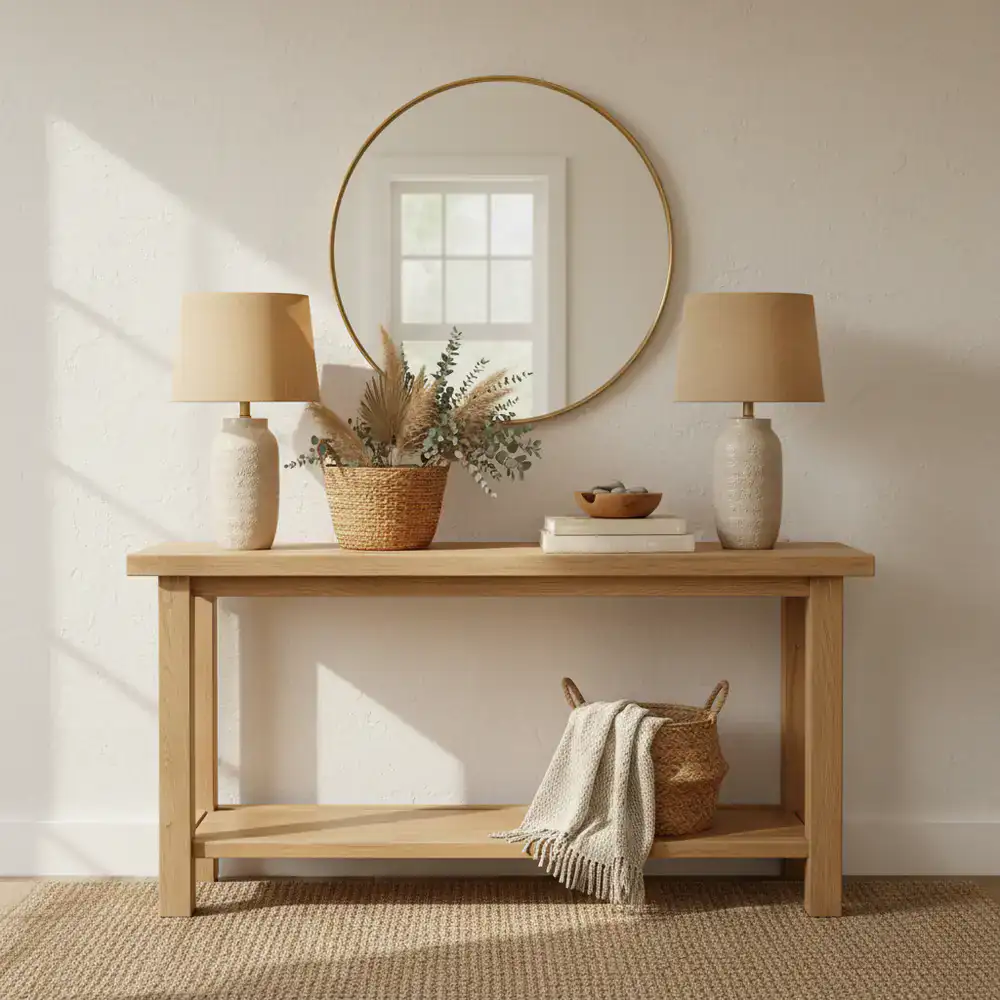 Customer photo of an entryway console table