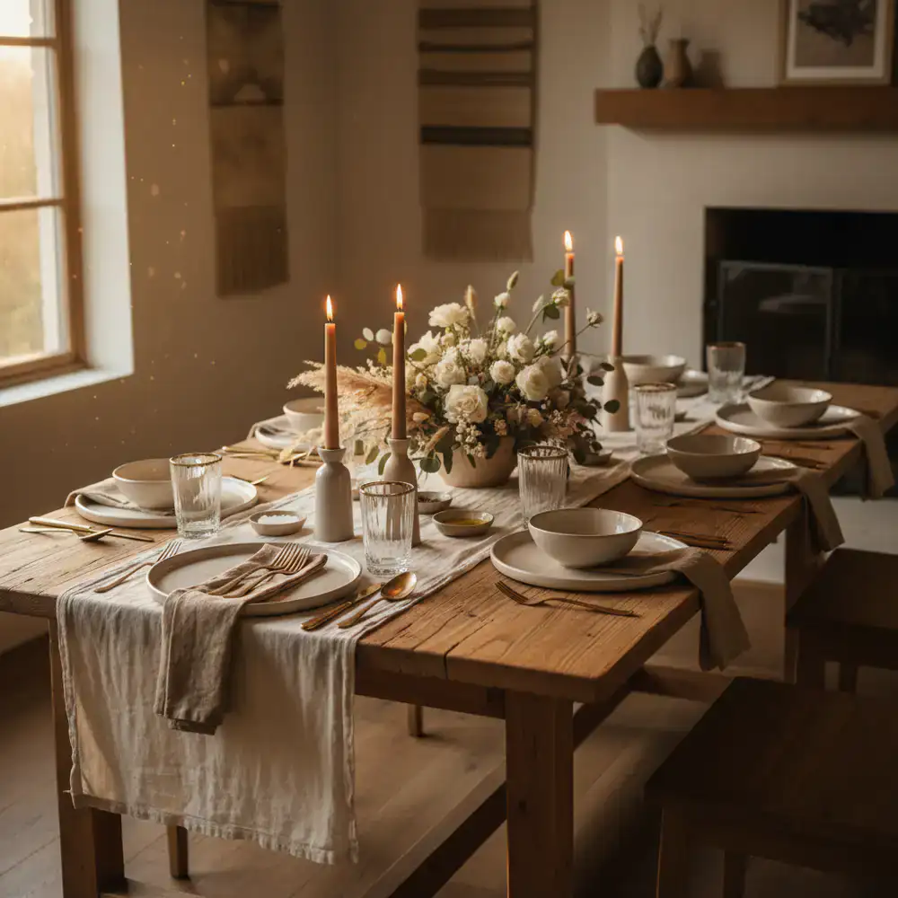 Large wooden dining table set for dinner with ceramic plates