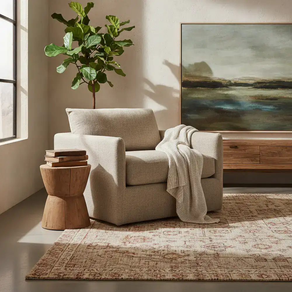 Sunlit interior space featuring an earthy textured rug and a comfortable reading chair