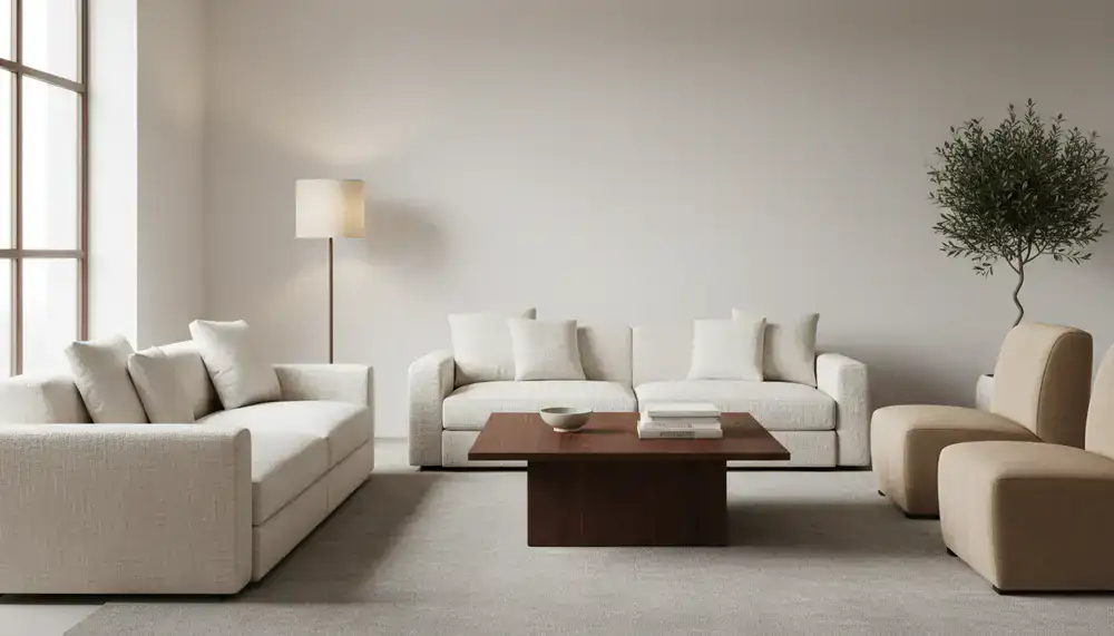 Minimalist living room layout with a deep walnut coffee table and neutral fabric sofa