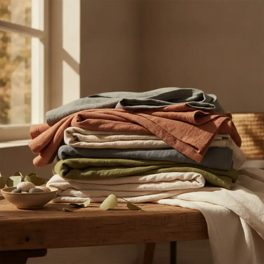 Folded linen bedding in earthy tones
