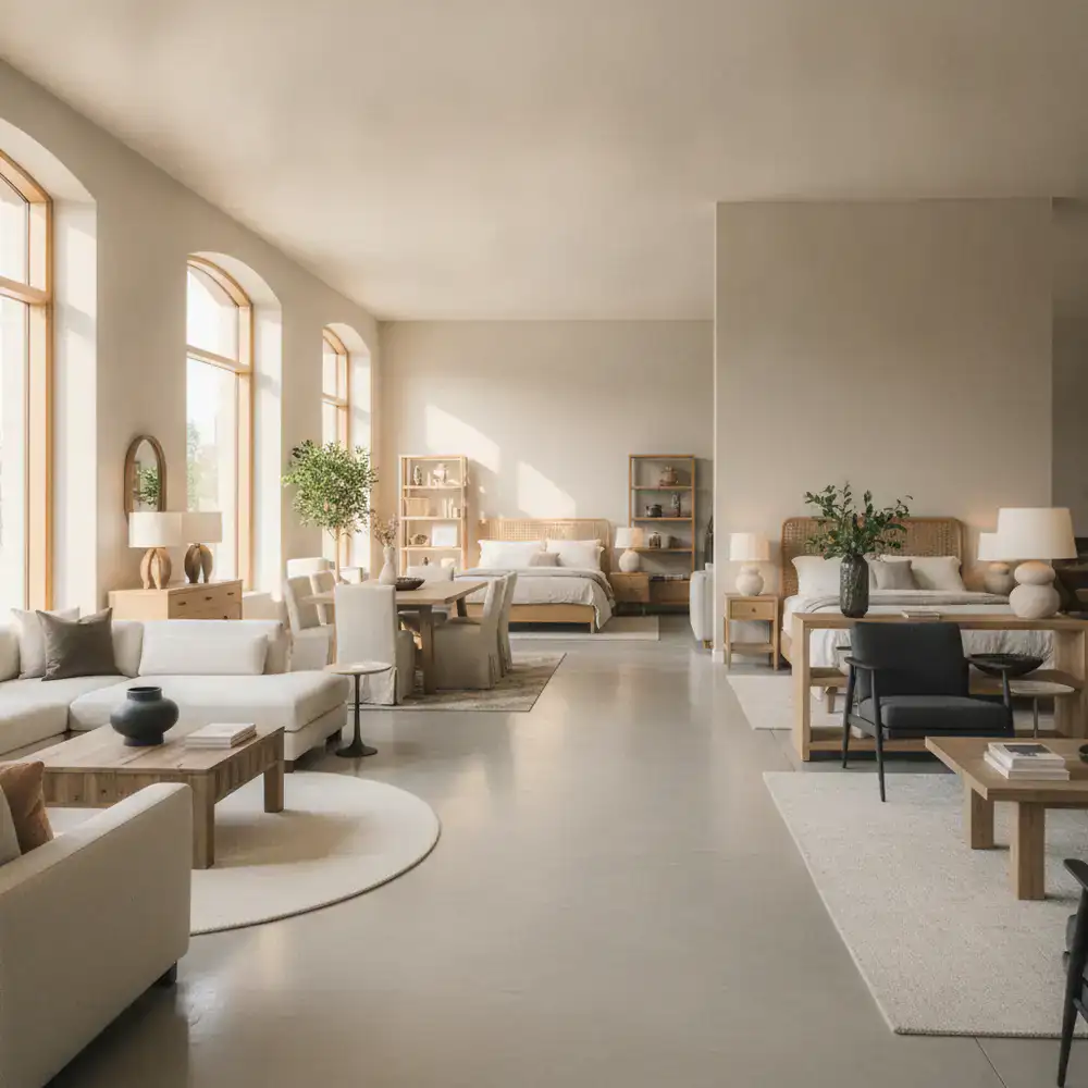 Wide view of the NestForm interior decor showroom displaying assorted furniture collections
